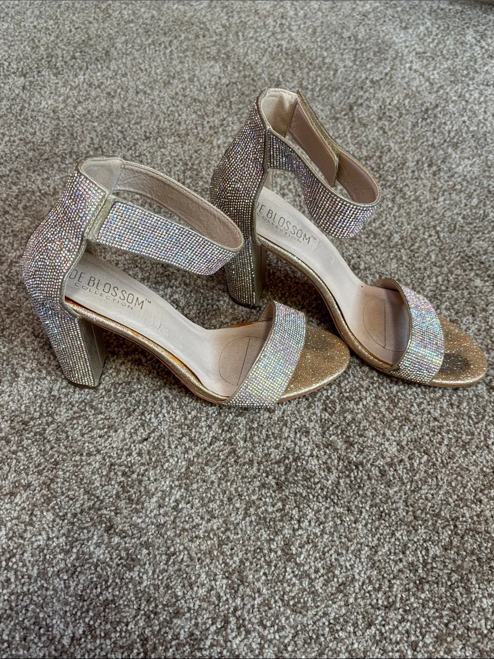 De Blossom Collection Iridescent Crystal Ankle-Strap Block Heels - Champagne